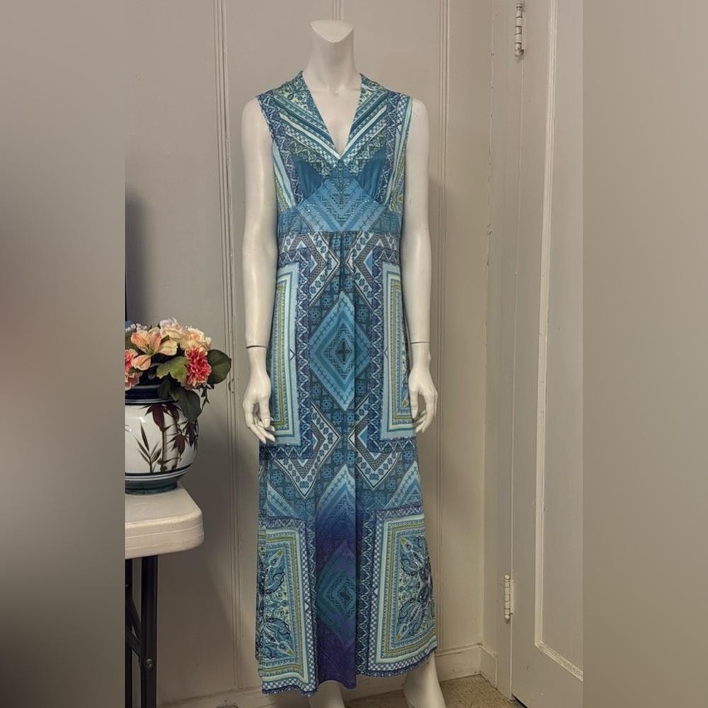 ONE WORLD LION Maxi Dress BOHO Sleeveless Bling Blue Purple Green #119794 Sz M